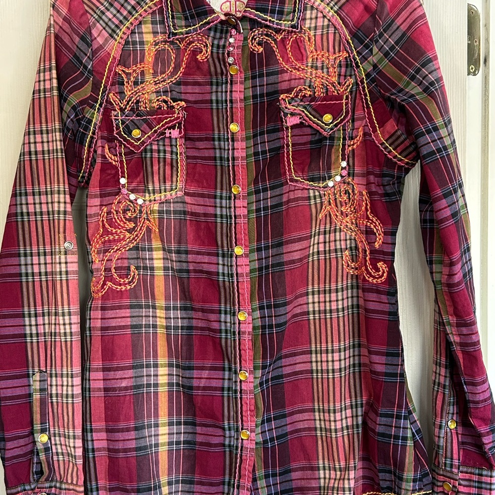 Roar Western Style Vibrant Plaid Shirt with Embroidery & Rhinestones